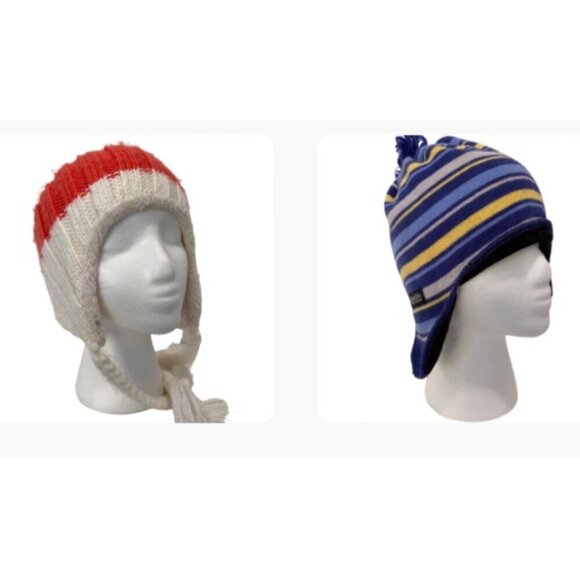 Columbia Knit Beanies Set 2 Stripes Designs unisex blue yellow orange ecru white - Picture 1 of 16